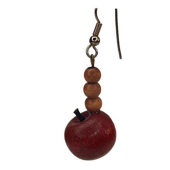 Wooden Apple Bead Pair of Pierced Dangle Earrings Country Style Teacher - Picture 1 of 7